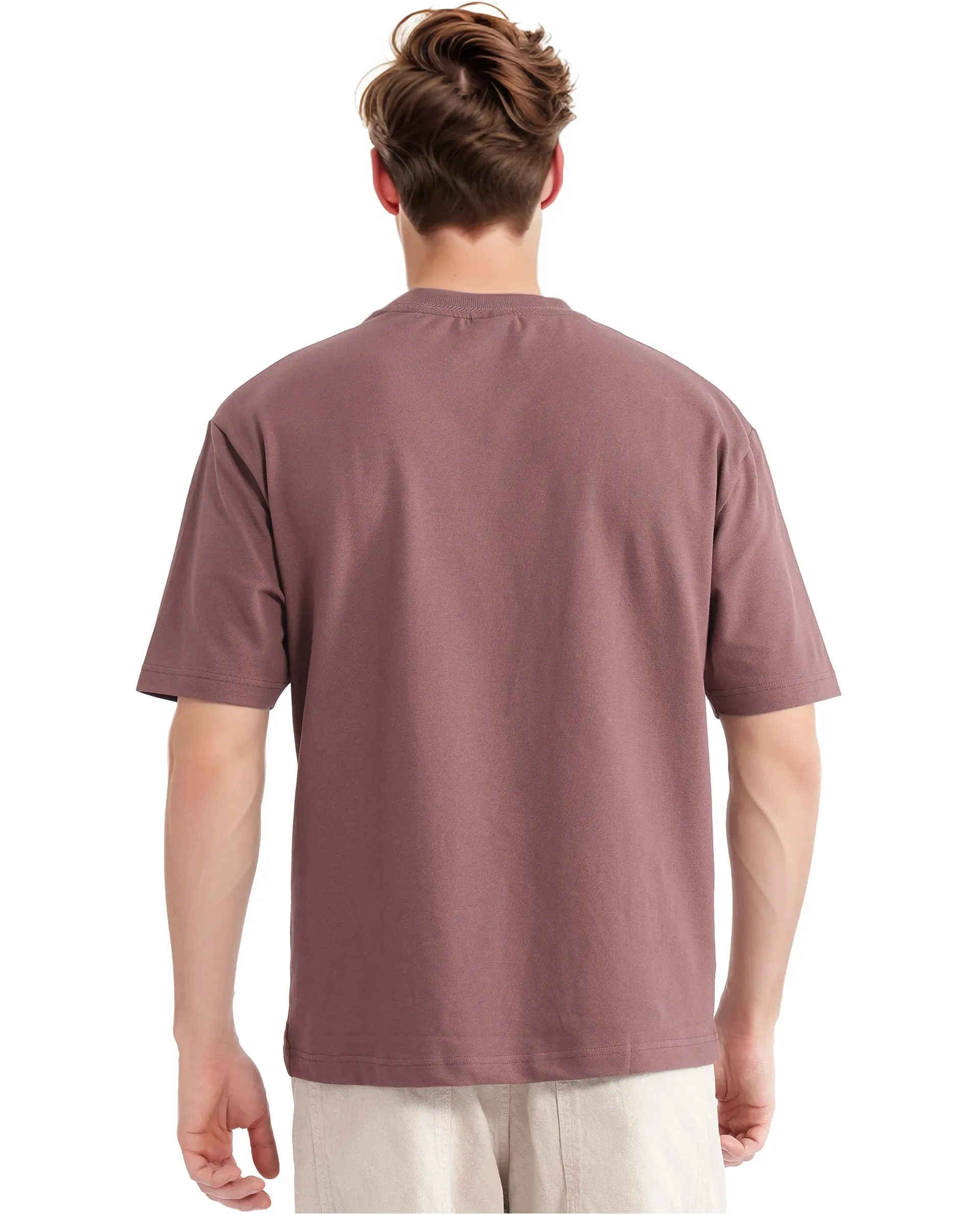 Rare Rabbit Men's Heros-2 Dusky Maroon Cotton Lycra Fabric Short Sleeve Crew Neck Oversized Fit Plain T-Shirt