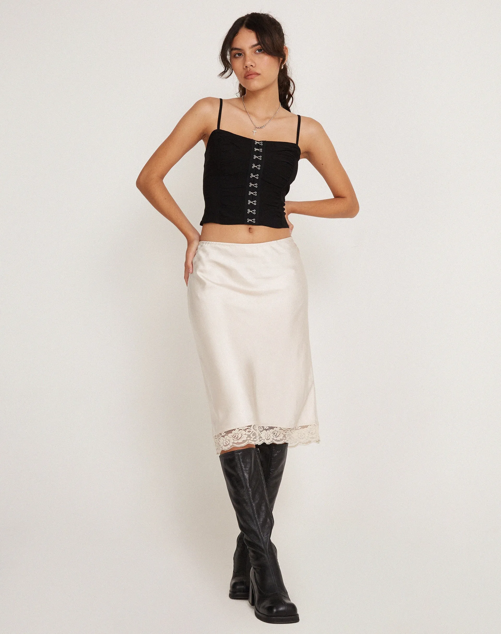 Resira Midi Skirt in Satin Pearled Ivory with Lace