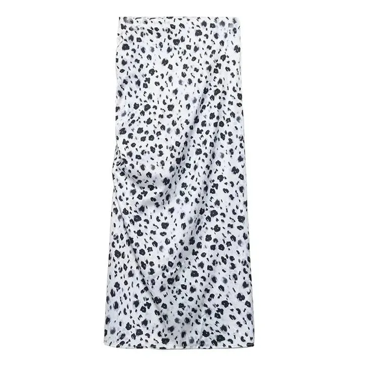 Ruched Slit Animal Print Midi Skirt