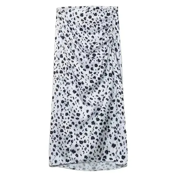 Ruched Slit Animal Print Midi Skirt