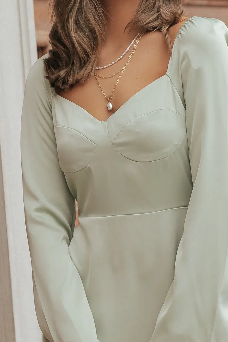 Sage Sweetheart Satin Mini Dress - FINAL SALE
