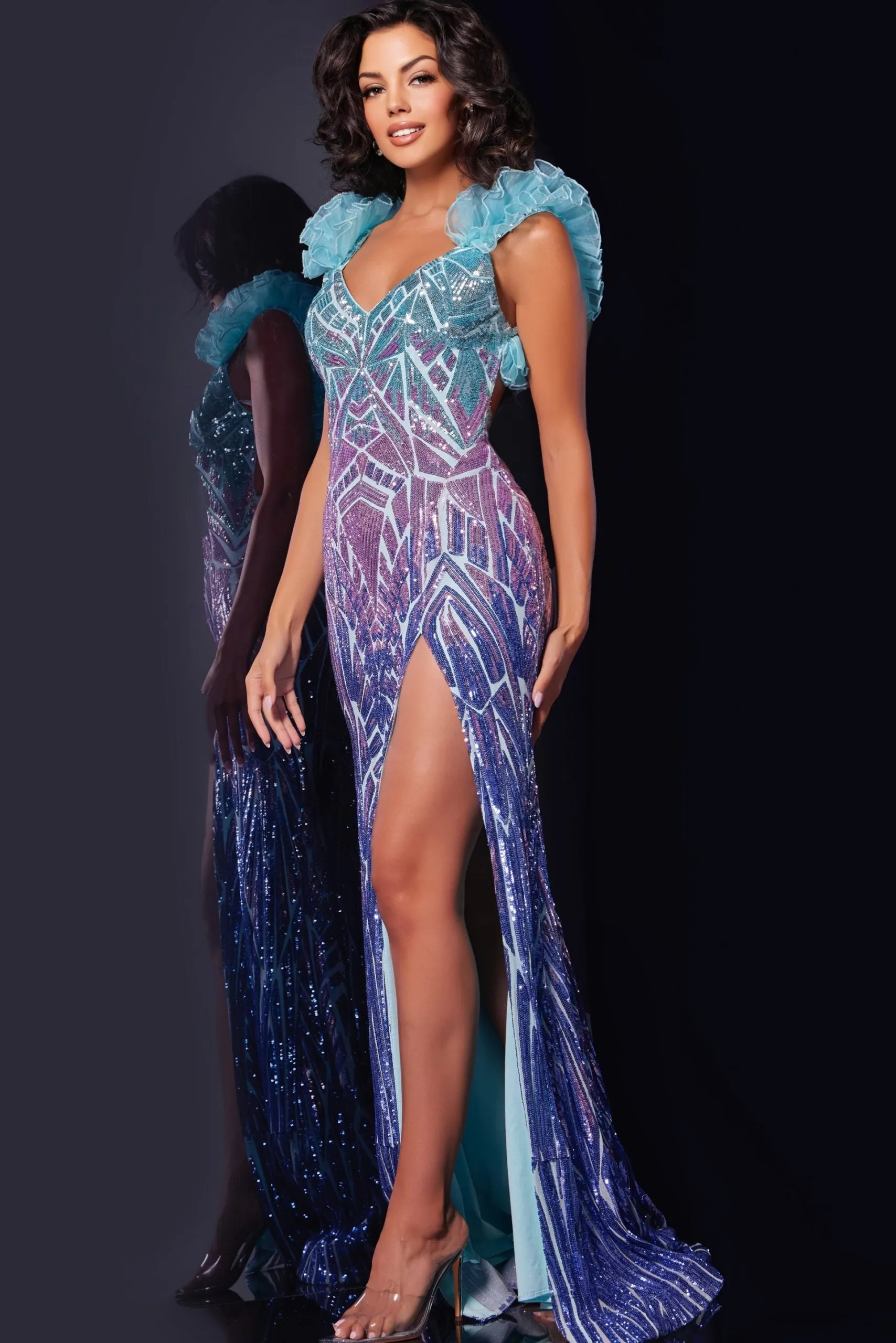 Sequin Fitted Ruffle Sleeve Slit Gown by Jovani 40761