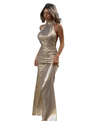 Sexy Sequin Halter Party Dress for Women – Shiny Backless Sleeveless Long Summer Evening Dress