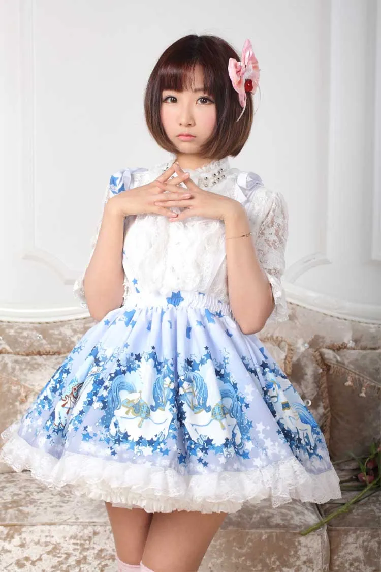 Sweet Light Sky Blue Star and Flying Horse Printed Pleated A line Lolita Skirt with Lace Trimming