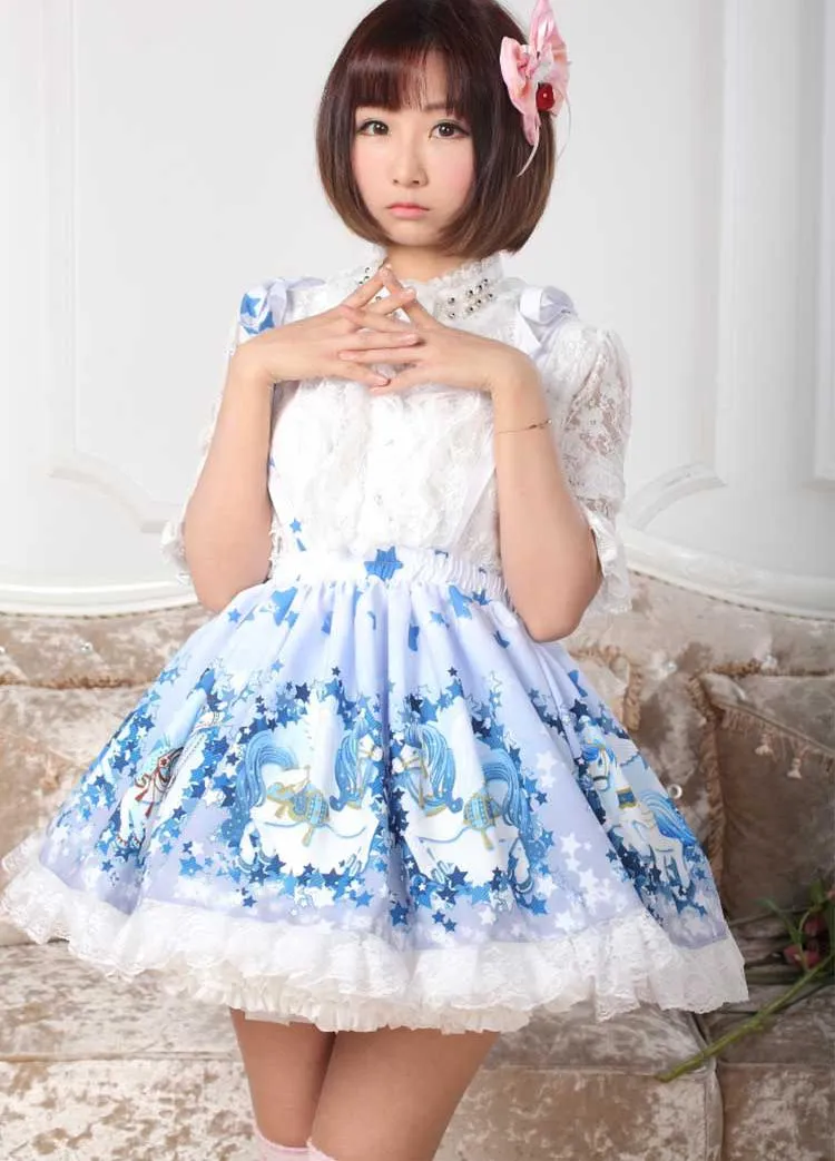 Sweet Light Sky Blue Star and Flying Horse Printed Pleated A line Lolita Skirt with Lace Trimming