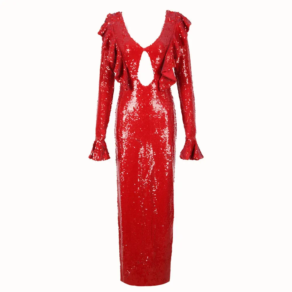 Trend4us Red Sequin Ruffle-Sleeve Slit Gown