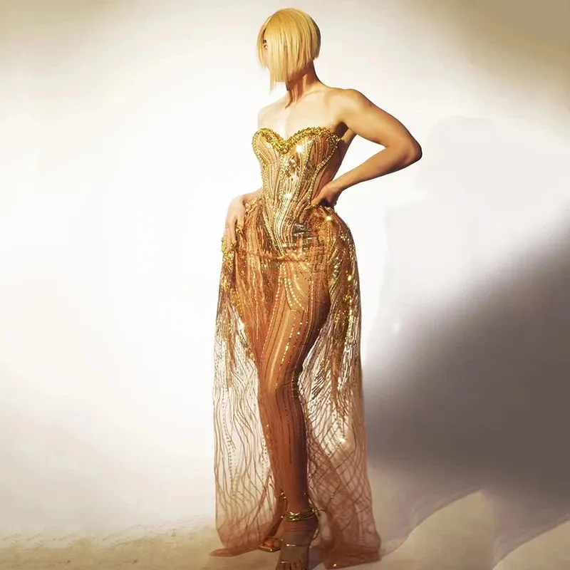 Trend4us Women's Beaded Sheer Sequin Strapless Evening Gown