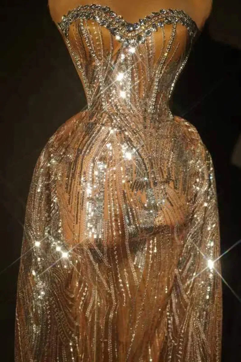 Trend4us Women's Beaded Sheer Sequin Strapless Evening Gown