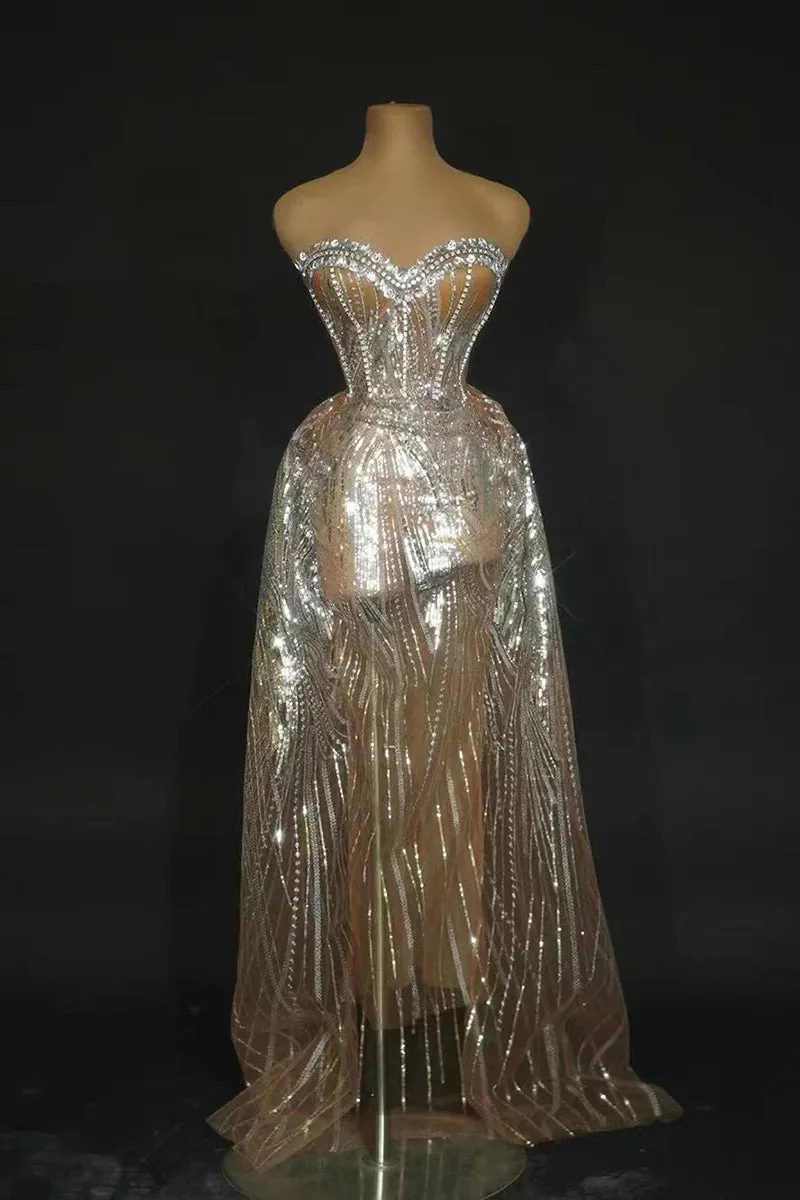 Trend4us Women's Beaded Sheer Sequin Strapless Evening Gown