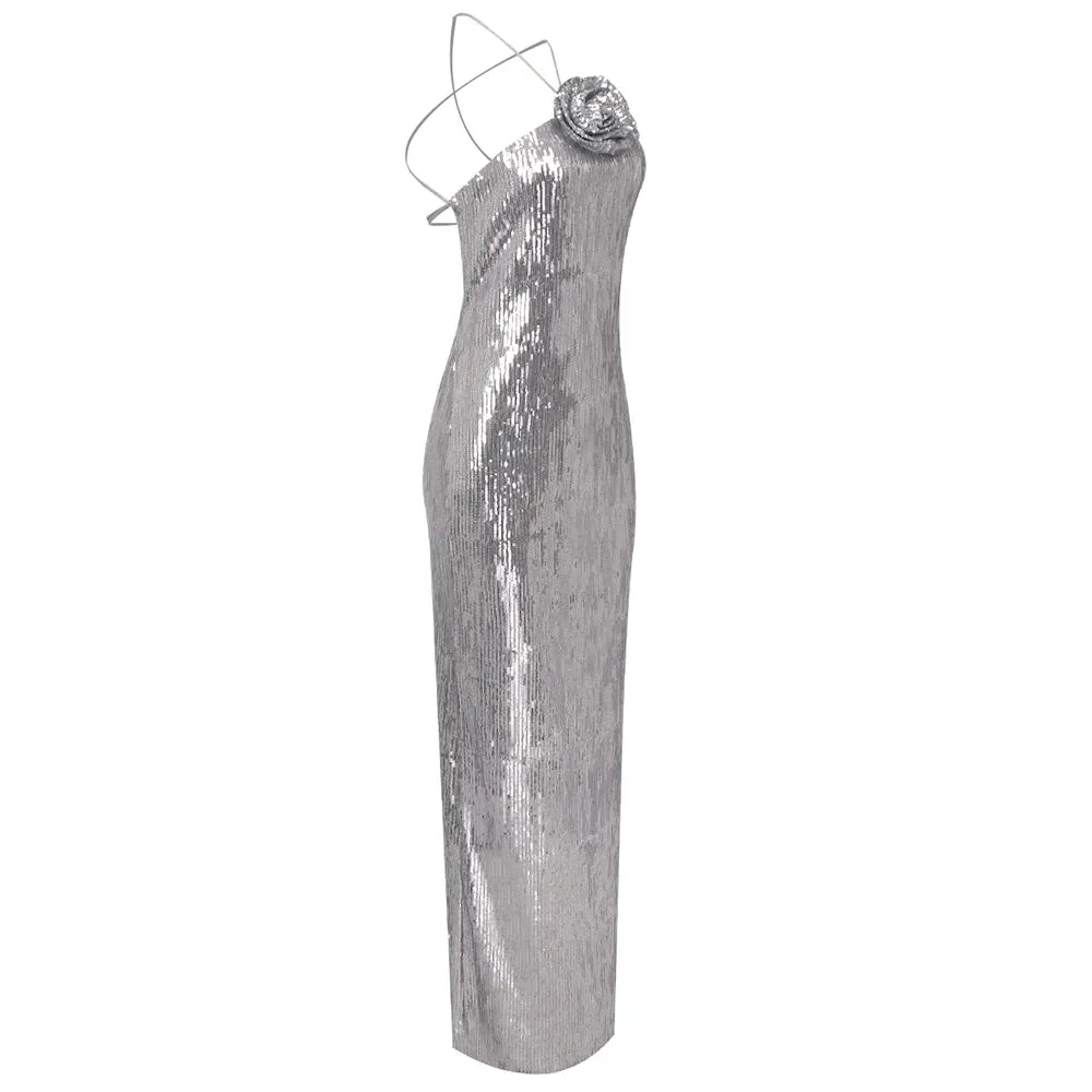 Trend4us Women's Glamorous Silver Sequin Halter Backless Gown