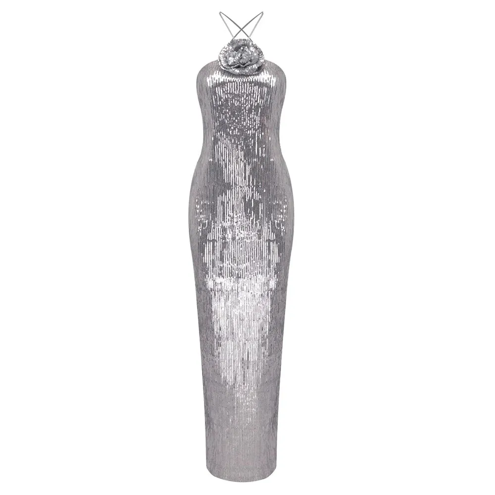 Trend4us Women's Glamorous Silver Sequin Halter Backless Gown
