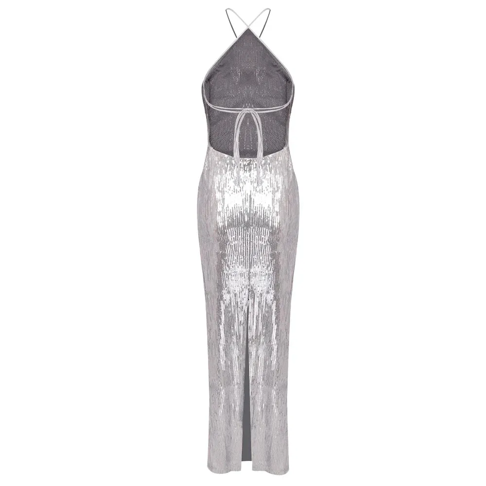 Trend4us Women's Glamorous Silver Sequin Halter Backless Gown