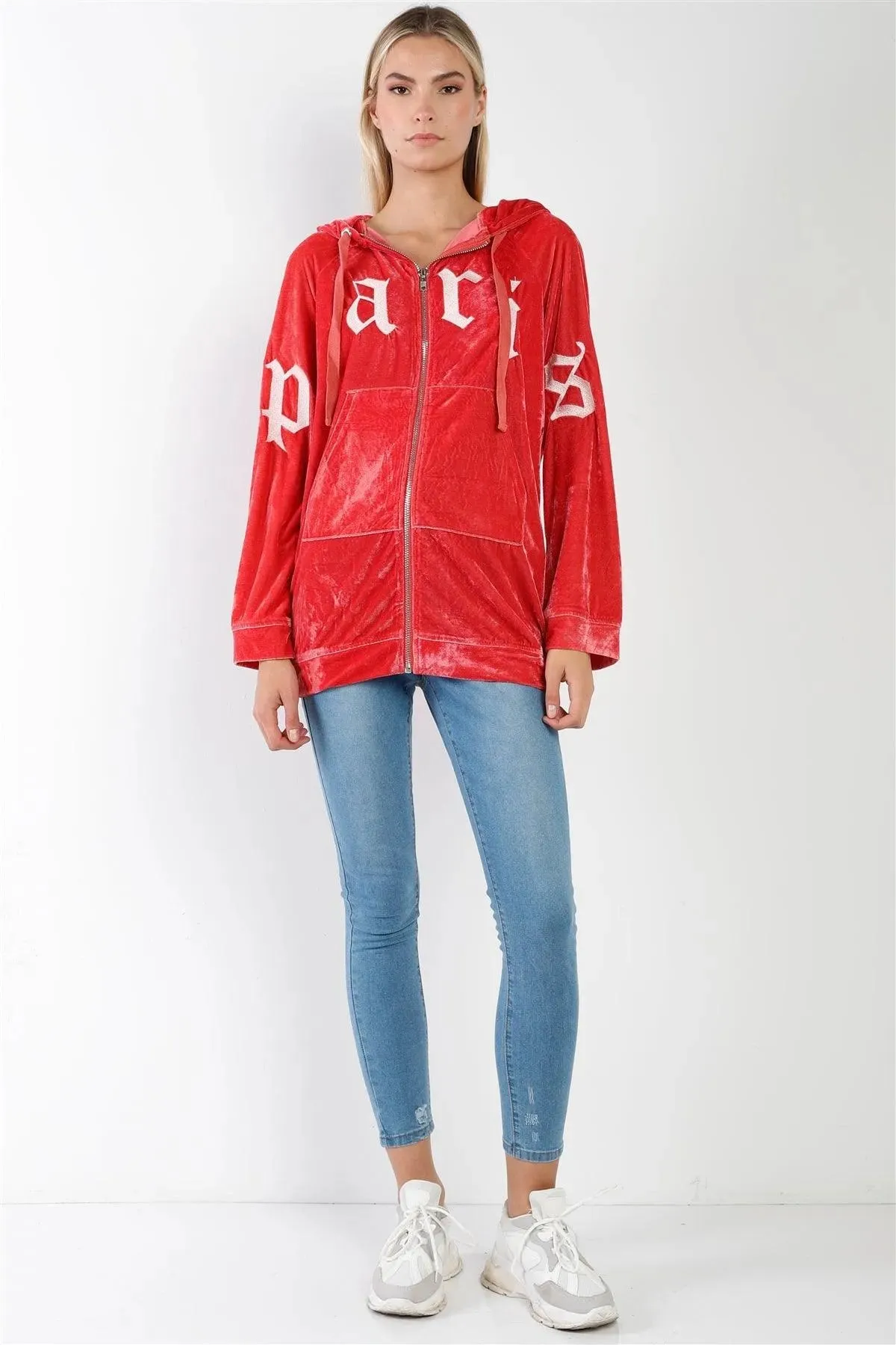 Velvet Graphic Letters Zip Up Hoodie Sweatshirt /3-2-1