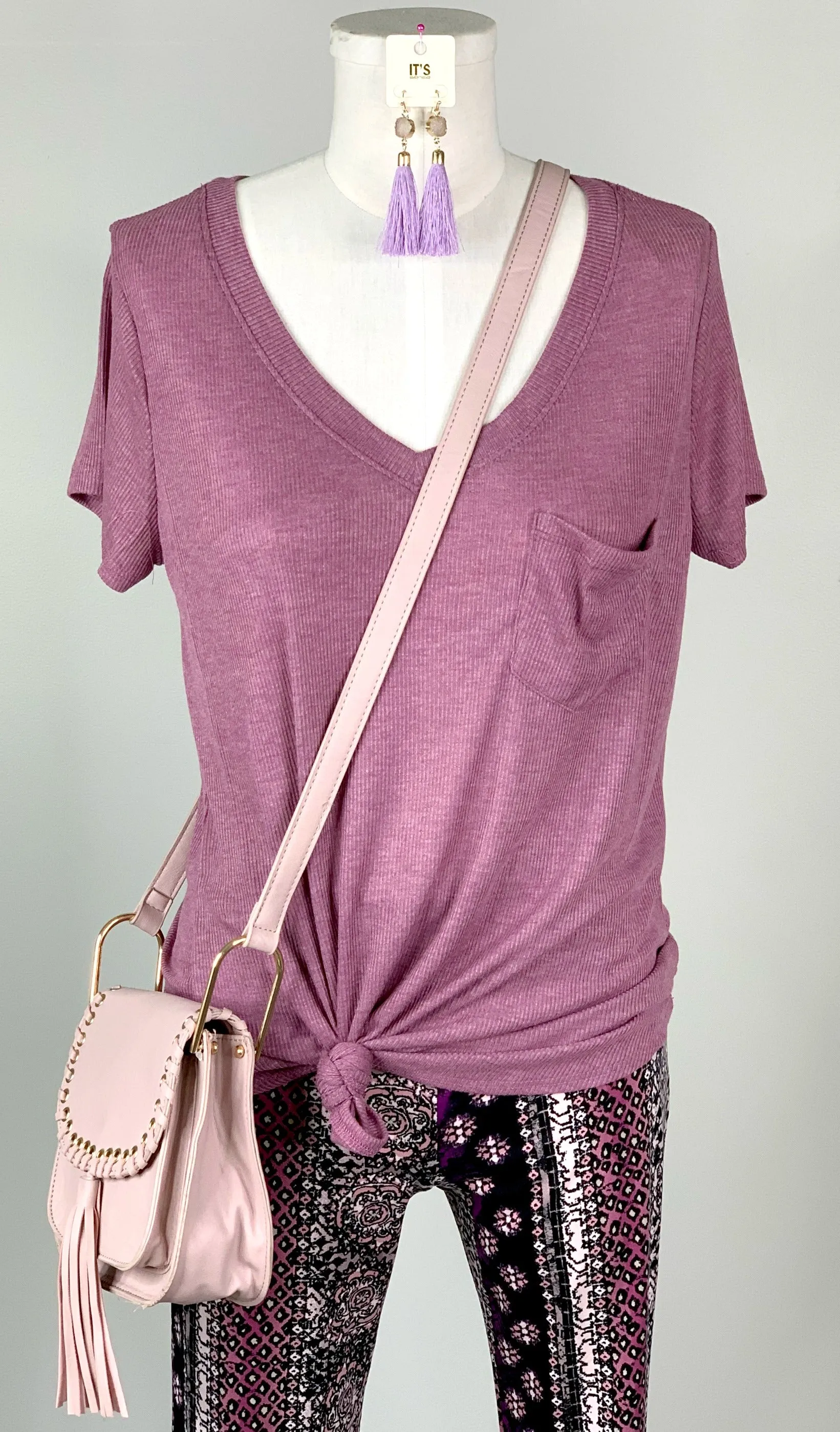 Weekend Vibes Ribbed Pocket Tee - Orchid