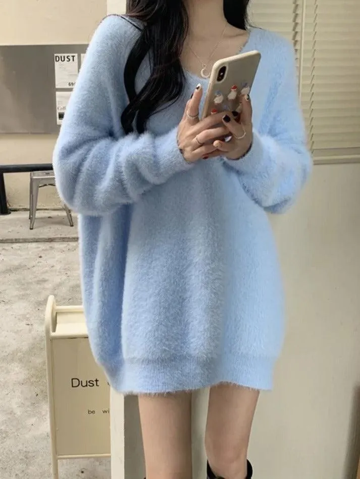 Wenkouban-Spring Casual Outfits Y2K Outfits Solid V Neck Fuzzy Loose Sweater