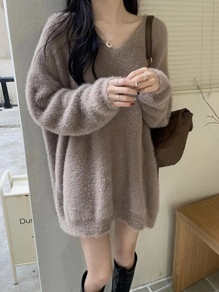 Wenkouban-Spring Casual Outfits Y2K Outfits Solid V Neck Fuzzy Loose Sweater
