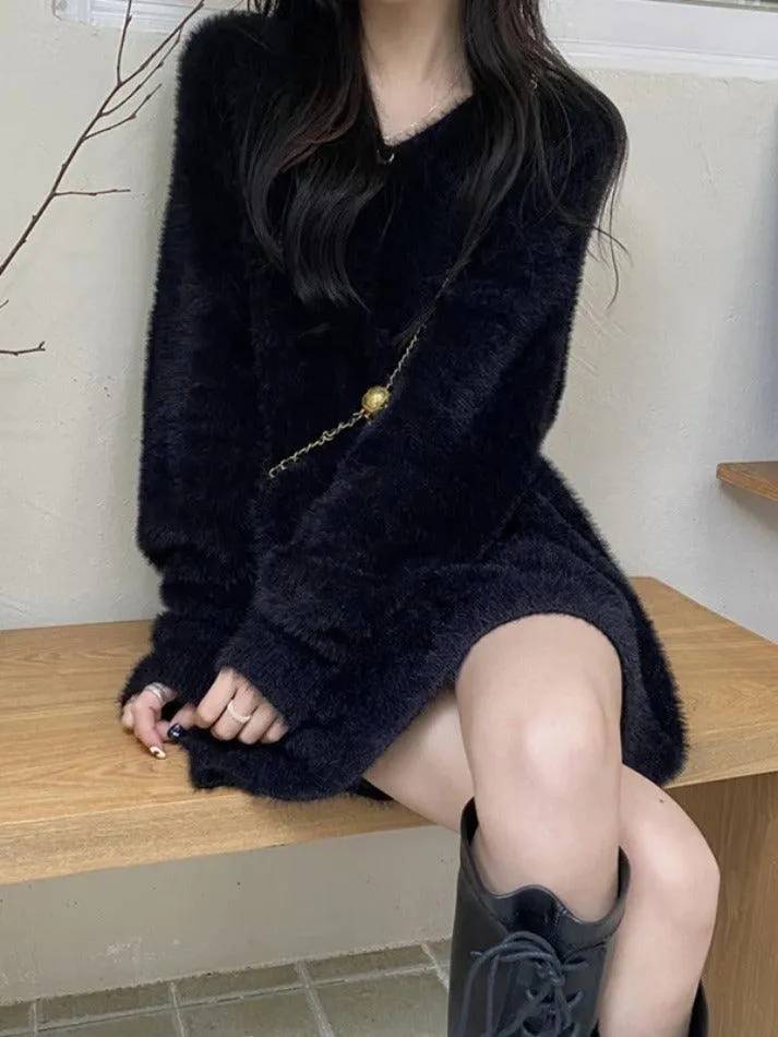 Wenkouban-Spring Casual Outfits Y2K Outfits Solid V Neck Fuzzy Loose Sweater