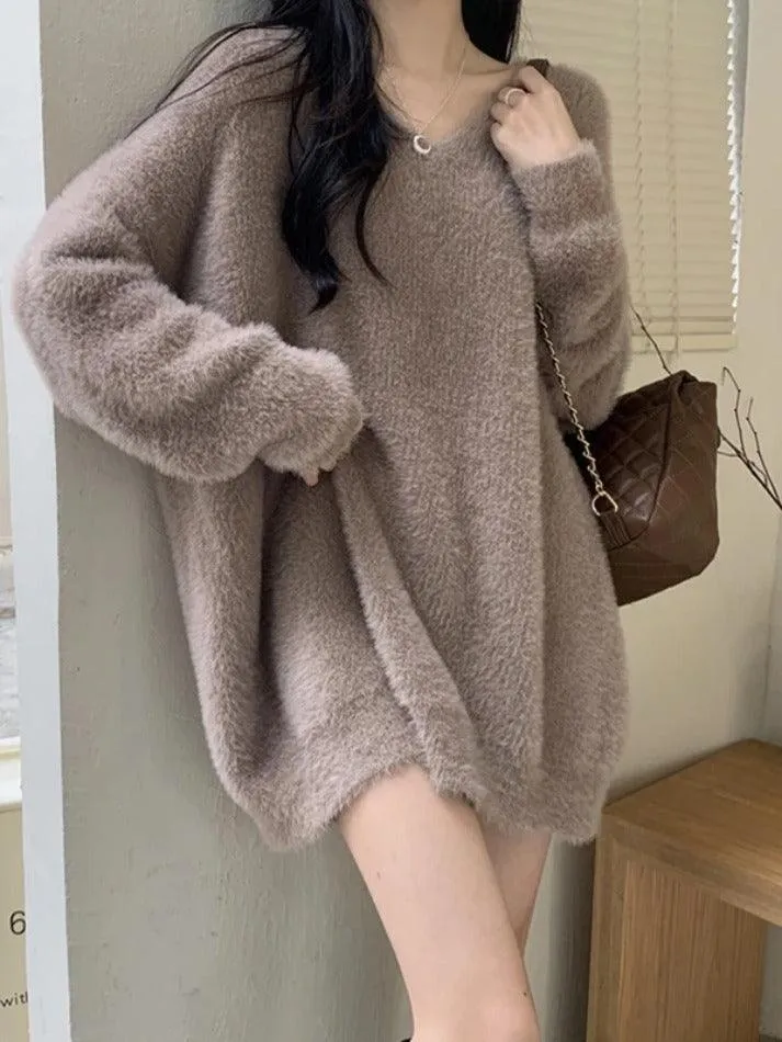 Wenkouban-Spring Casual Outfits Y2K Outfits Solid V Neck Fuzzy Loose Sweater