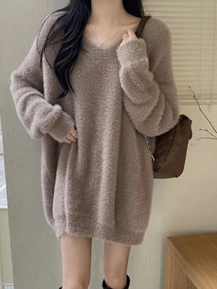 Wenkouban-Spring Casual Outfits Y2K Outfits Solid V Neck Fuzzy Loose Sweater