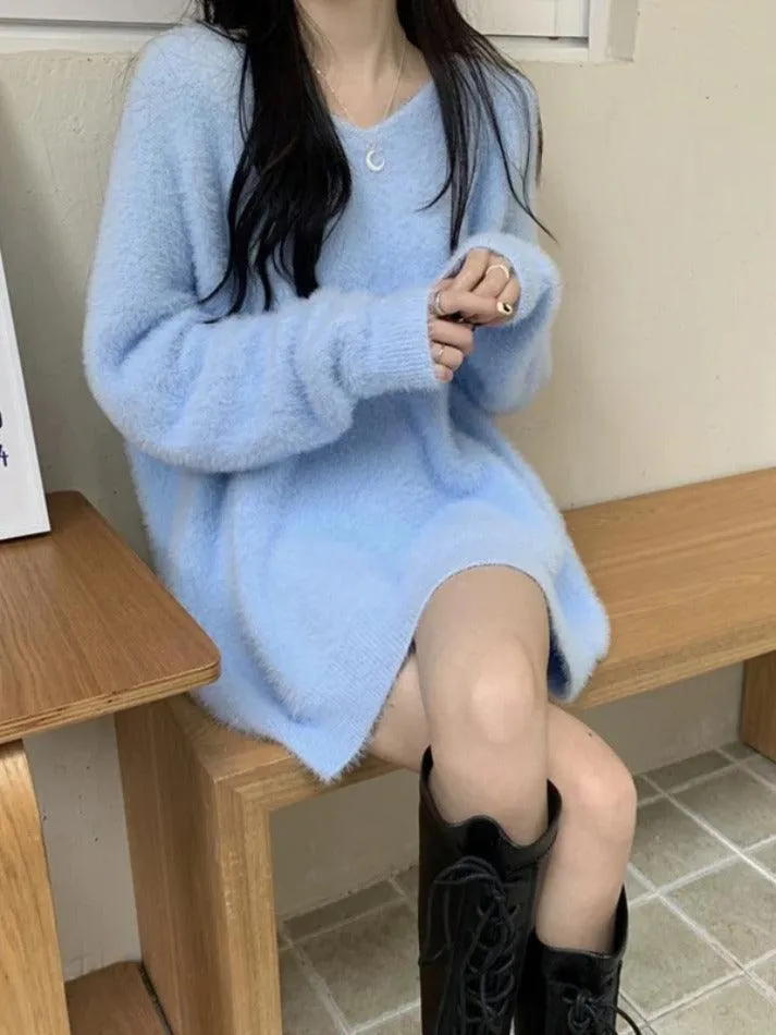 Wenkouban-Spring Casual Outfits Y2K Outfits Solid V Neck Fuzzy Loose Sweater