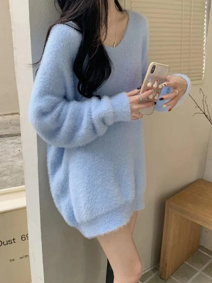 Wenkouban-Spring Casual Outfits Y2K Outfits Solid V Neck Fuzzy Loose Sweater