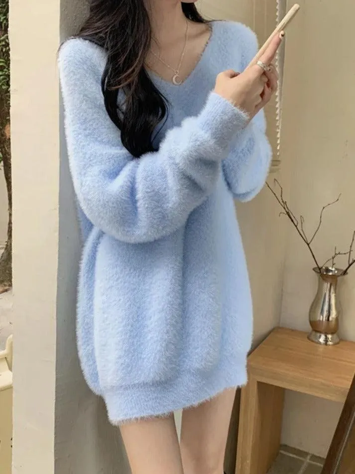 Wenkouban-Spring Casual Outfits Y2K Outfits Solid V Neck Fuzzy Loose Sweater