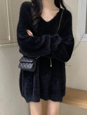 Wenkouban-Spring Casual Outfits Y2K Outfits Solid V Neck Fuzzy Loose Sweater