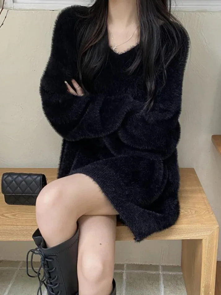 Wenkouban-Spring Casual Outfits Y2K Outfits Solid V Neck Fuzzy Loose Sweater