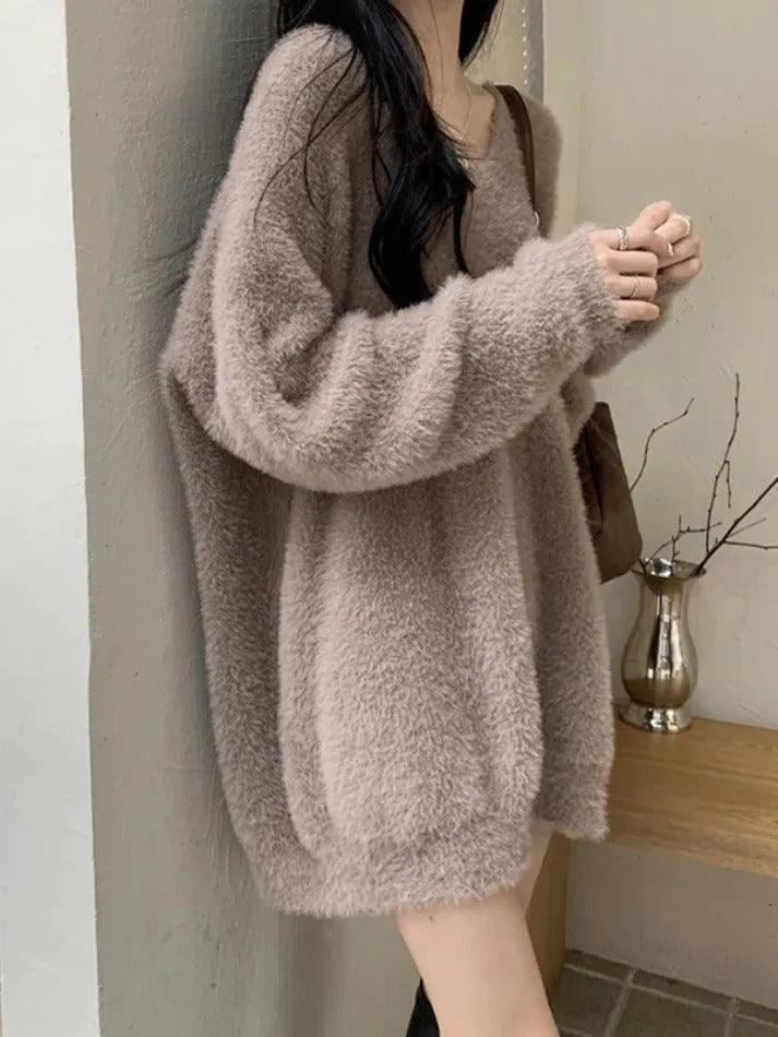 Wenkouban-Spring Casual Outfits Y2K Outfits Solid V Neck Fuzzy Loose Sweater