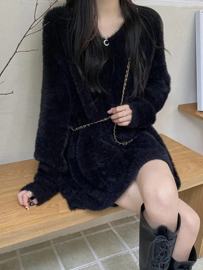 Wenkouban-Spring Casual Outfits Y2K Outfits Solid V Neck Fuzzy Loose Sweater
