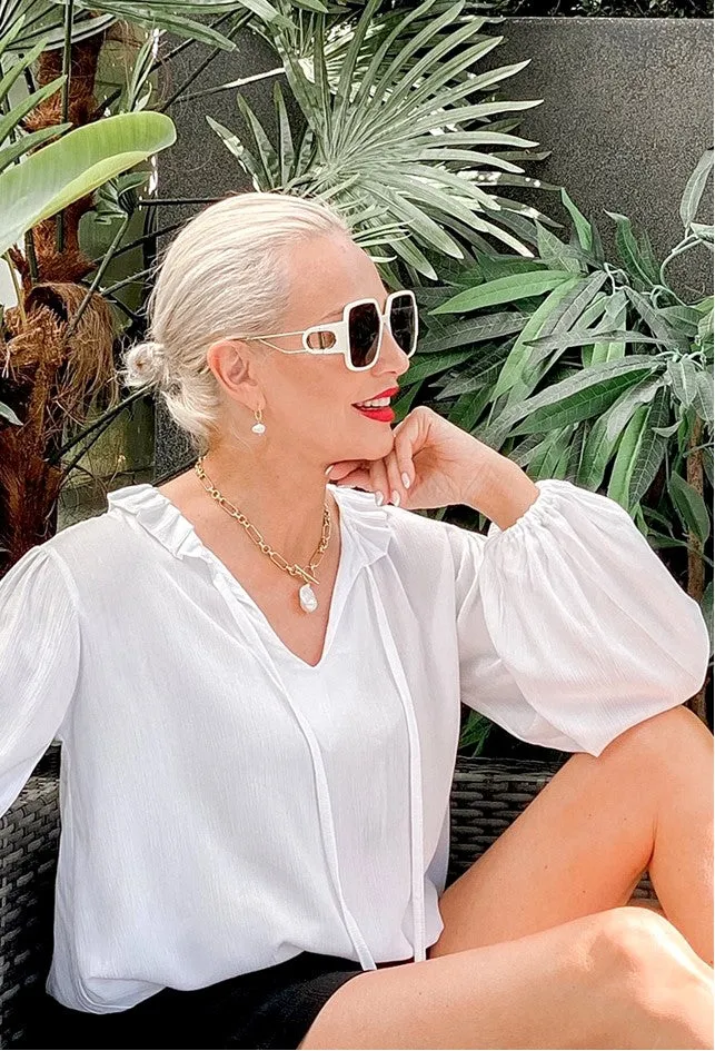 White V Neck Long Sleeve Blouse