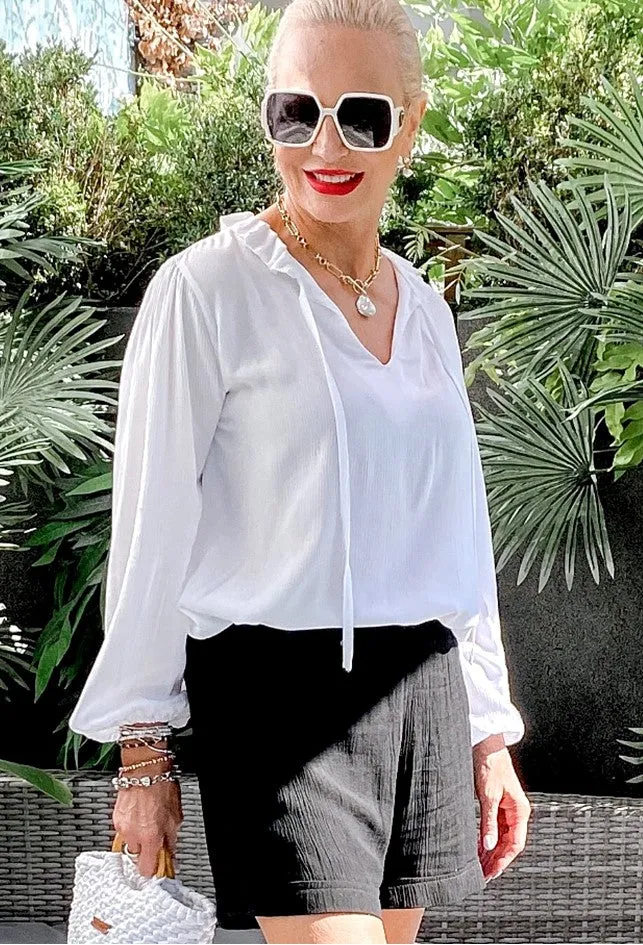 White V Neck Long Sleeve Blouse