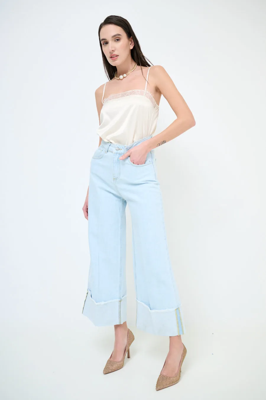Wide leg cuffed hem denim jeans wholesale