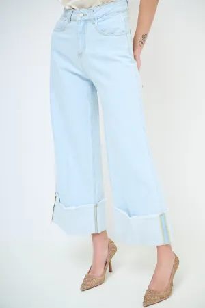 Wide leg cuffed hem denim jeans wholesale