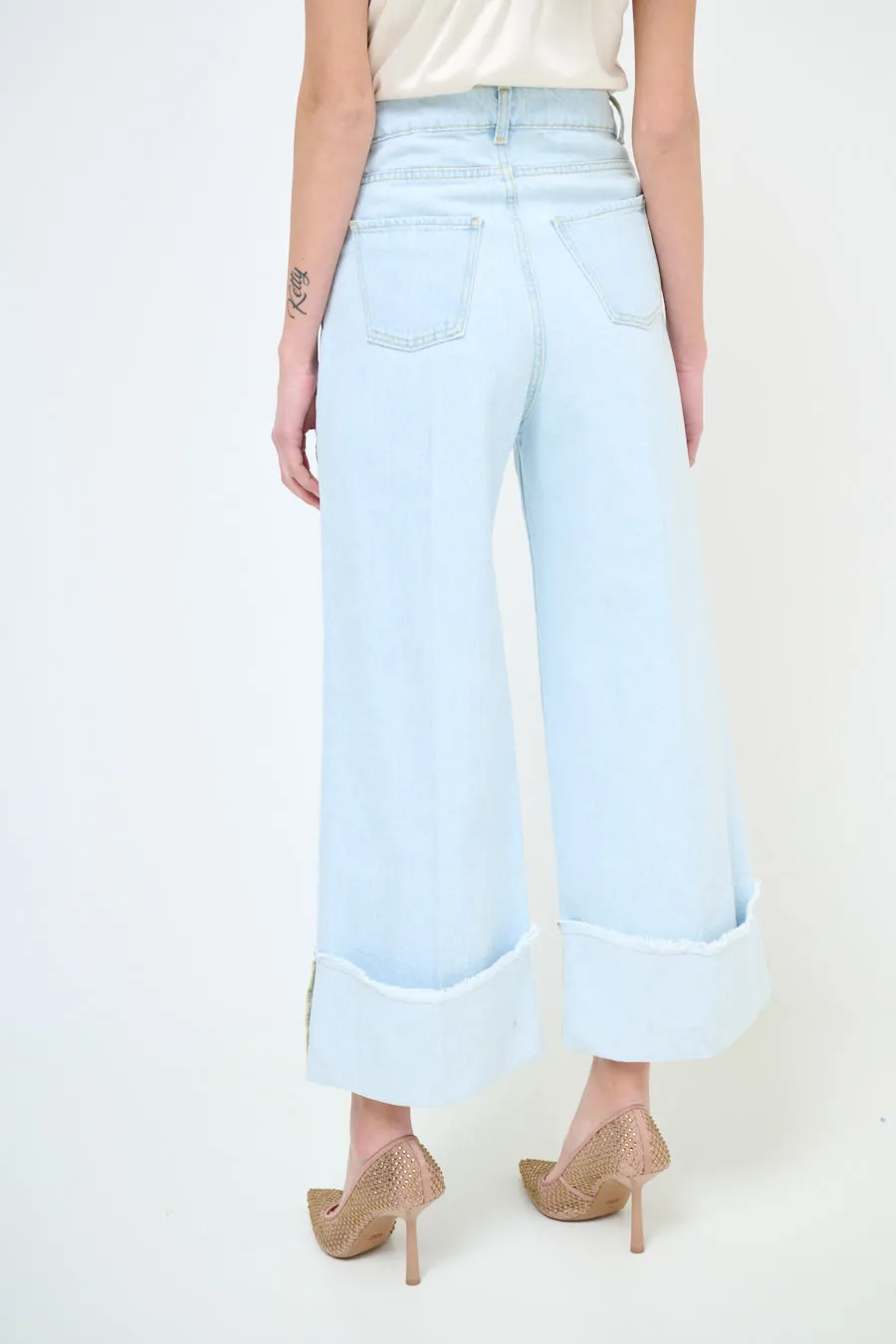 Wide leg cuffed hem denim jeans wholesale