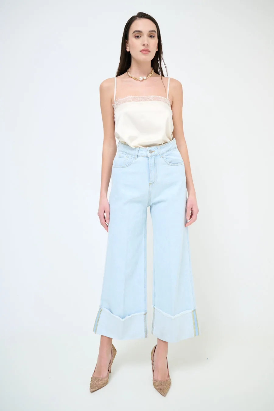 Wide leg cuffed hem denim jeans wholesale