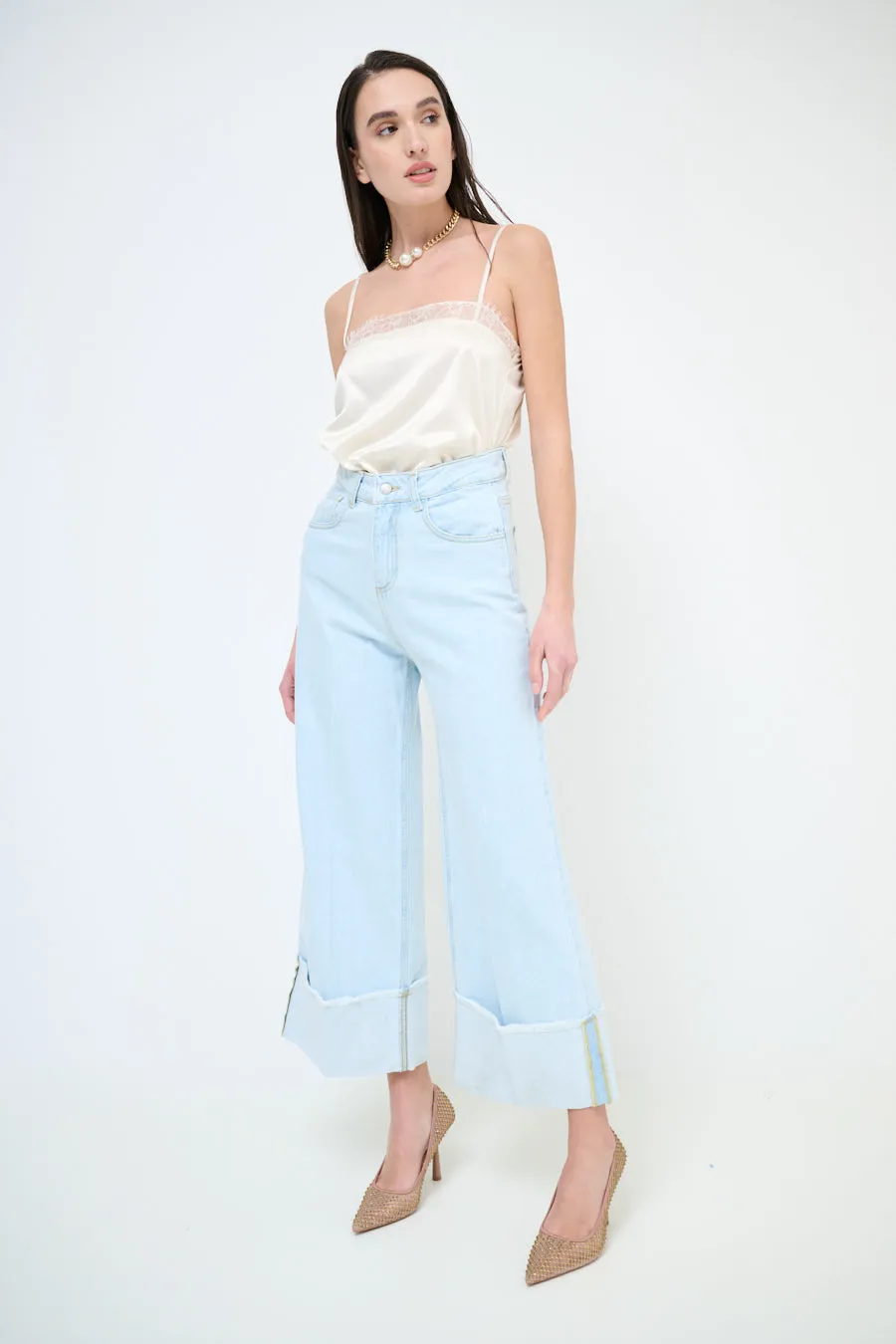 Wide leg cuffed hem denim jeans wholesale