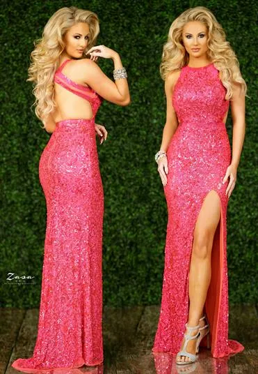 Zasa Chic  2225 size 6 Coral Prom Dress beaded sequins slit high neckline
